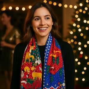 Vintage‎ VERA Christmas Scarf Santa Reindeer Sleigh Holiday Print Women's